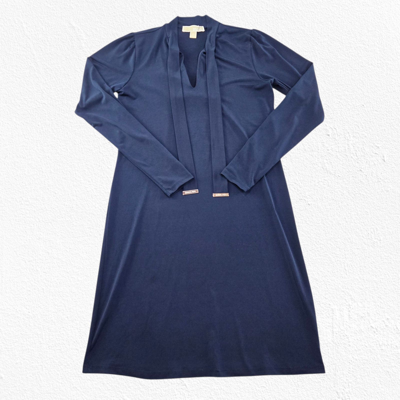 Michael Kors Navy Tie Neck Long Sleeve Shift Dress Size XS