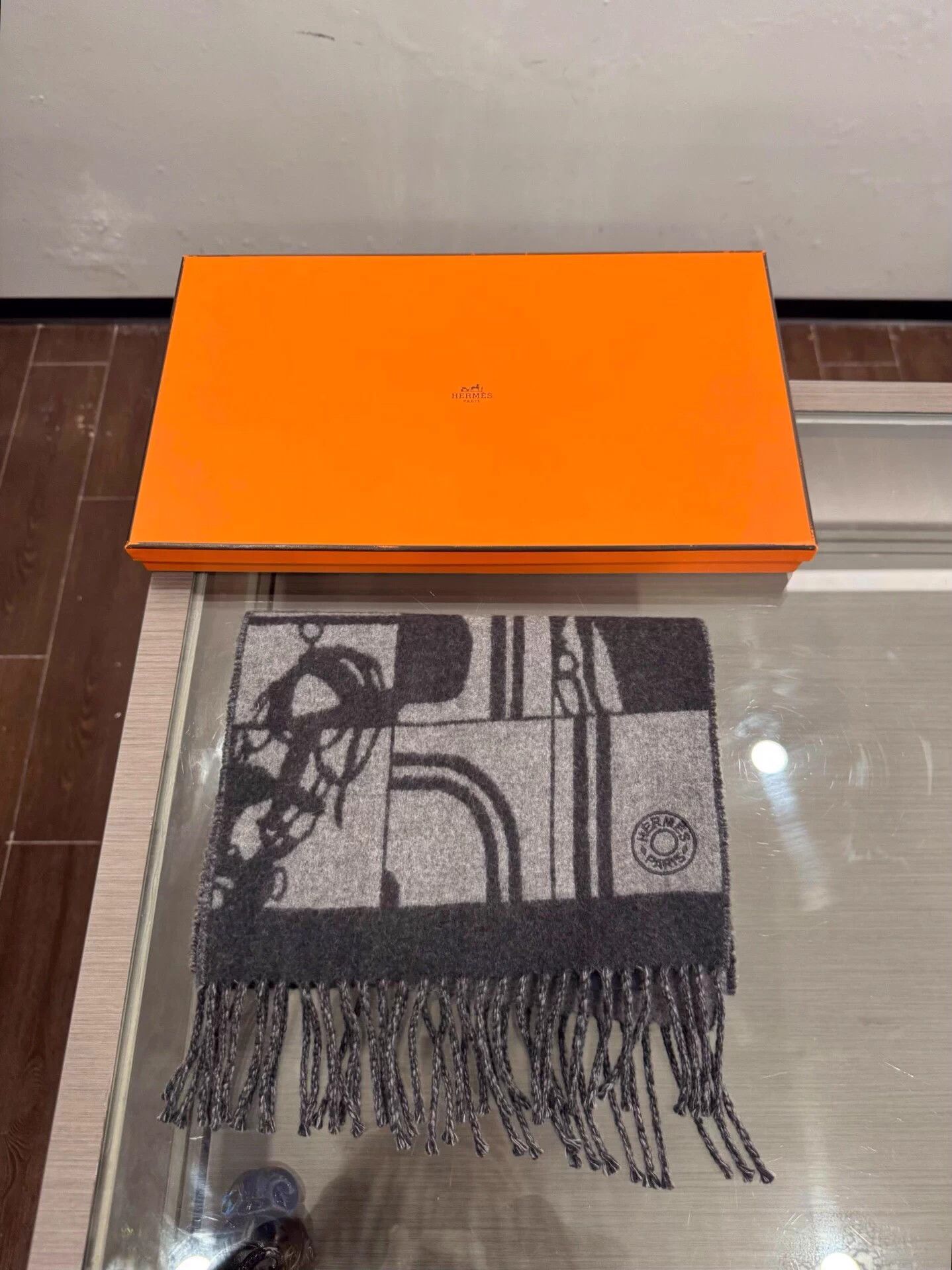 Hermes Hermes Black & Gray Allover Horsebit Logo Cashmere Scarf Size ONE SIZE - 3 Thumbnail