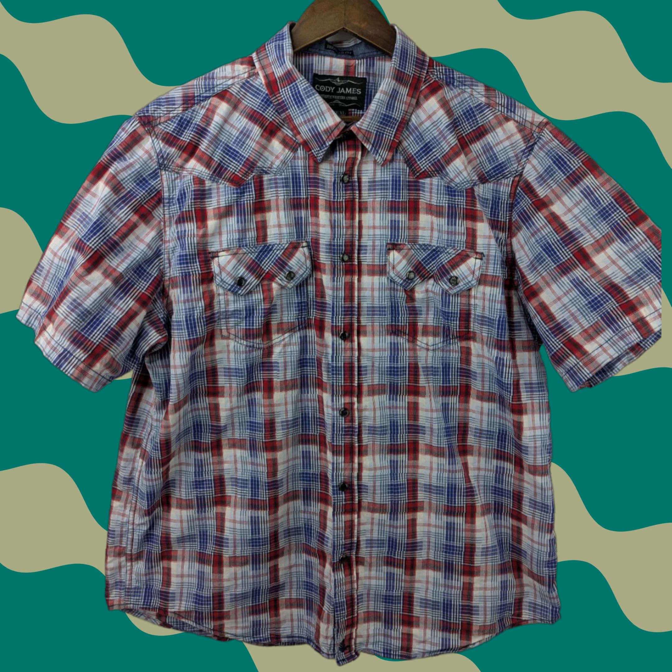Cody James Cody James Pearl Snap Shirt Sawtooth Pocket Mens XL Blue Red Plaid Western Rodeo Shirt Size US XL / EU 56 / 4 - 1 Thumbnail