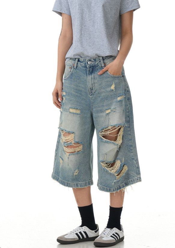 Vintage Men's washed distressed loose retro ripped denim shorts Size US 32 / EU 48 - 3 Thumbnail