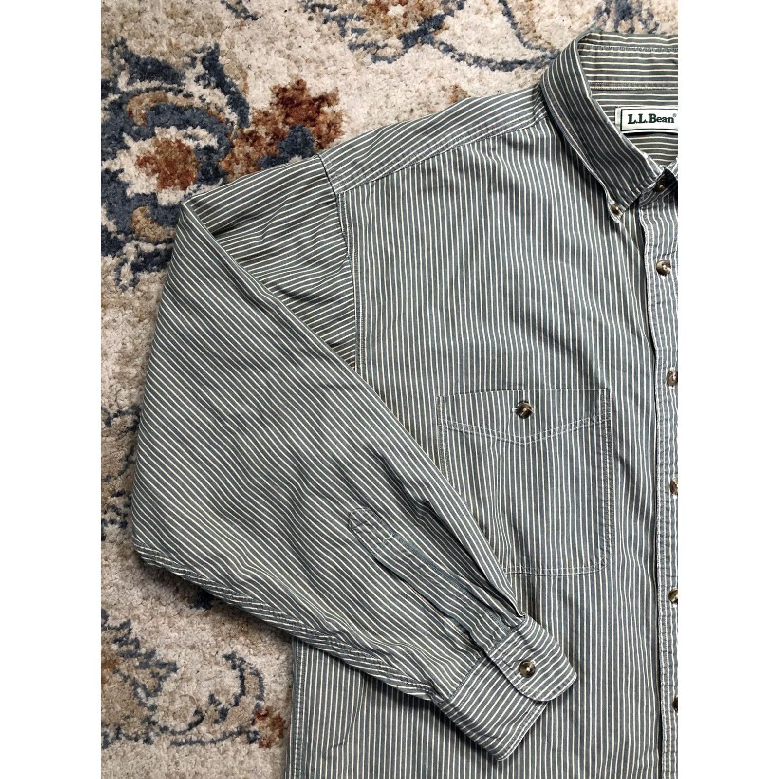 Vintage L.L.Bean Shirt Mens Large Green White Stripe Long Sleeve Button Down Cotton Size US L / EU 52-54 / 3 - 3 Thumbnail