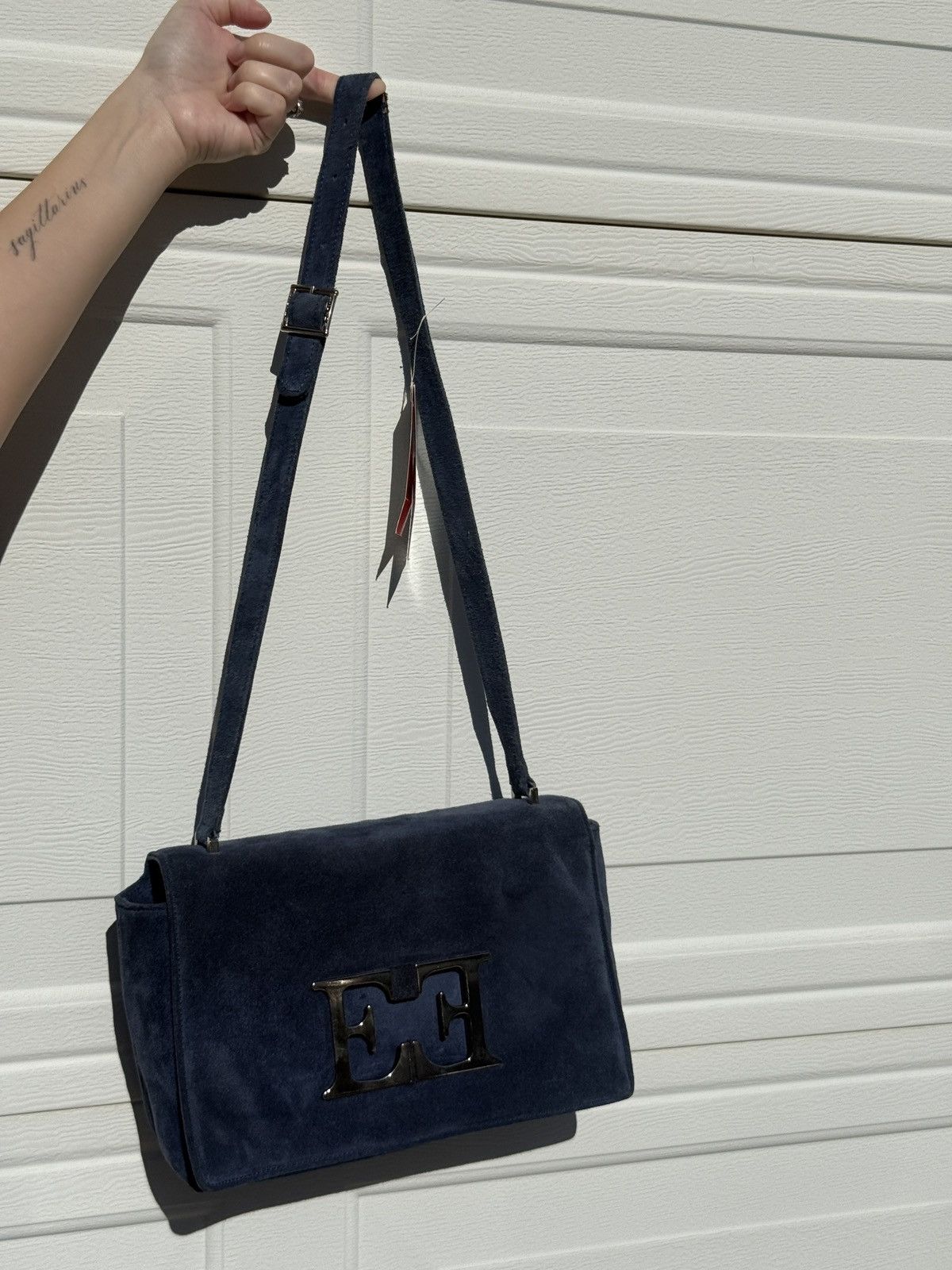 Escada Navy Blue Suede Shoulder Bag, Women's