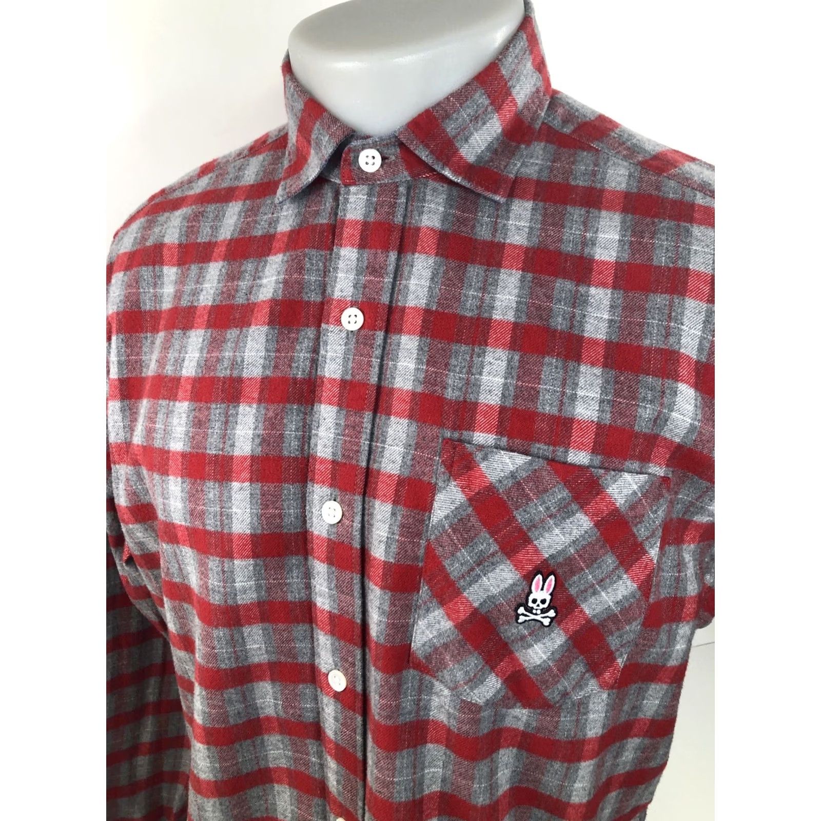 Psycho Bunny Psycho Bunny / Robert Godley Embroidered Skull Plaid Check Flannel Lg. Shirt Shirt Mens L Red / Gray Embroidered Skull 90s Style Size US L / EU 52-54 / 3 - 2 Thumbnail