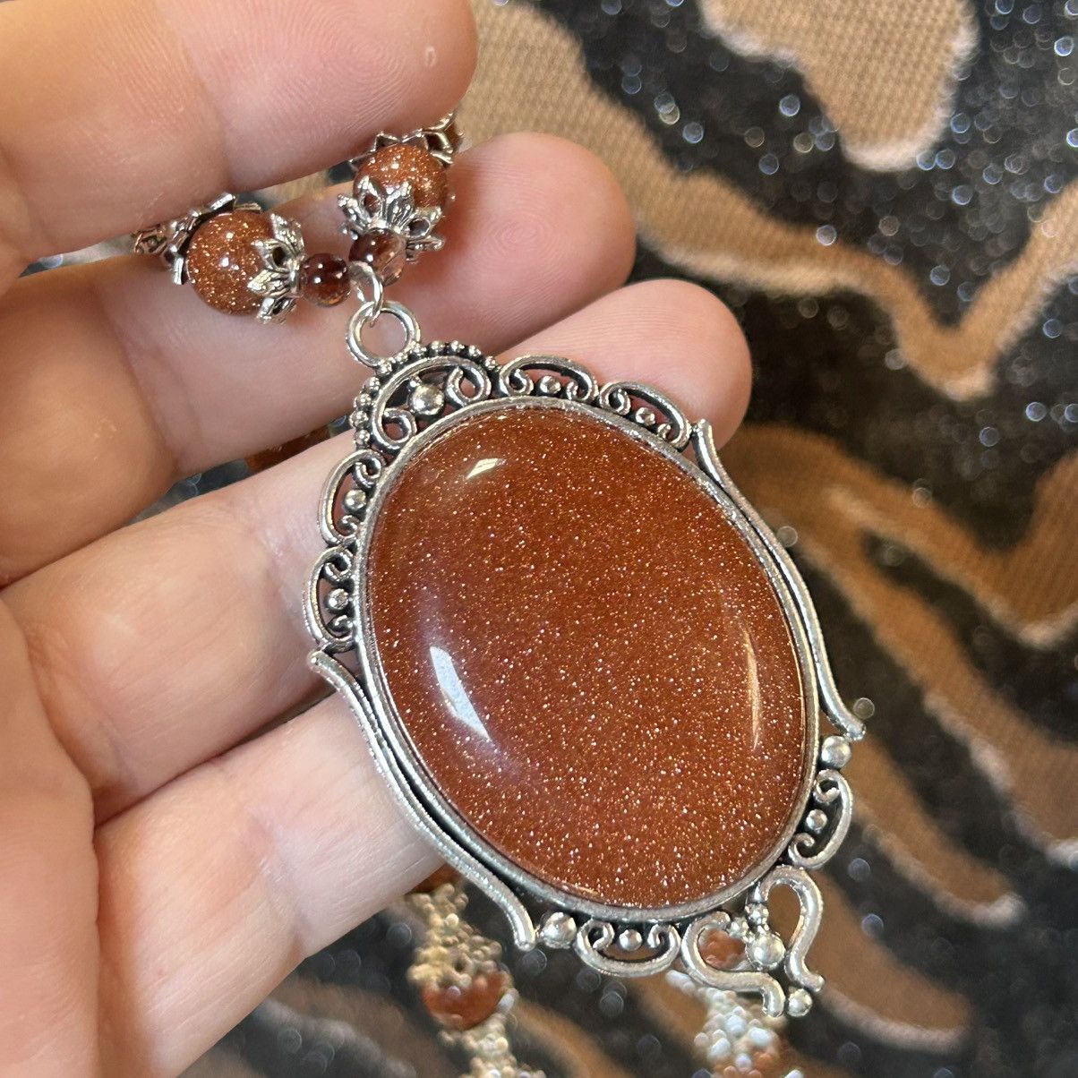 Handmade Handcrafted elegant goldstone cameo framed bead necklace Size ONE SIZE - 5 Thumbnail