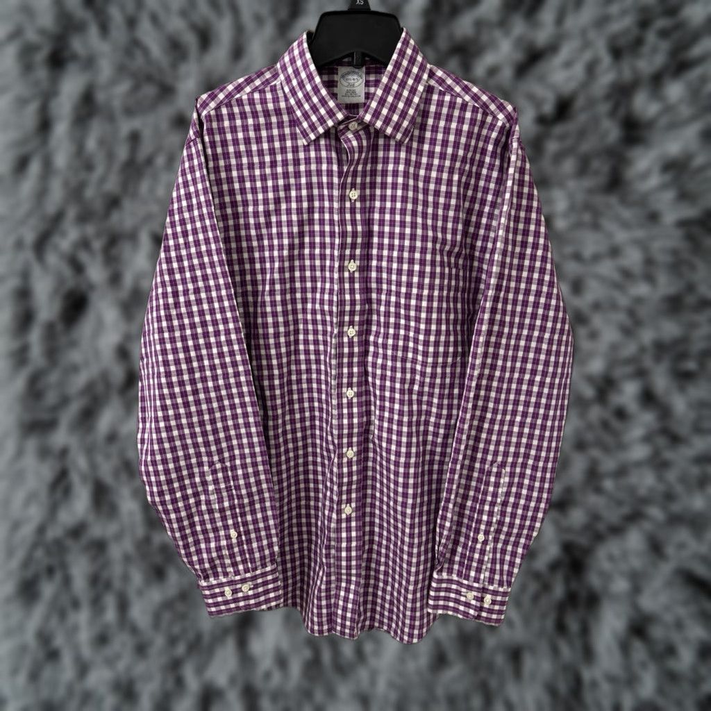 Brooks Brothers Brooks Brothers 346 Shirt Mens 15.5 Purple Oxford Plaid Slim Fit Button-Down Dress Shirt Size US L / EU 52-54 / 3 - 1 Thumbnail