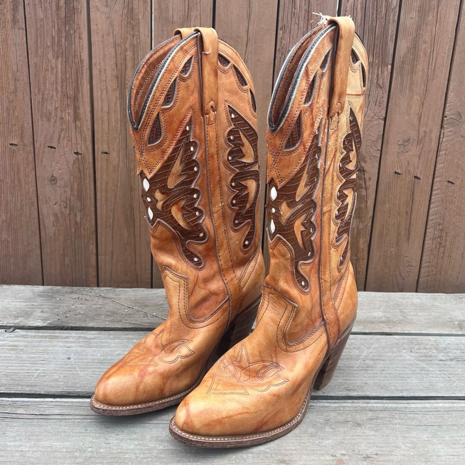 Vintage Miss Capezio Butterfly Boot stacked heel brindle tan leather Size US 7.5 / IT 37.5 - 4 Thumbnail