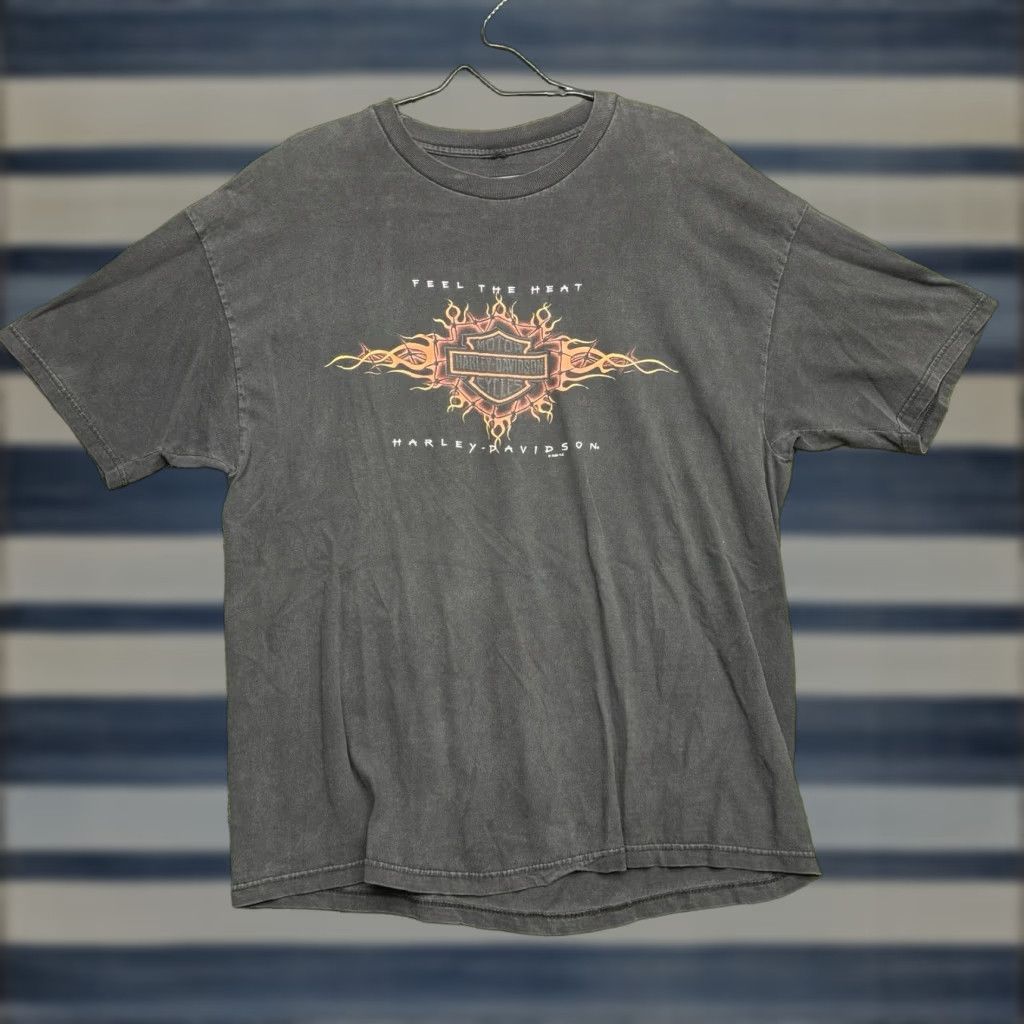 VINTAGE Harley Davidson Feel The Heat Shirt Mens Medium Black HD Riding 2000s