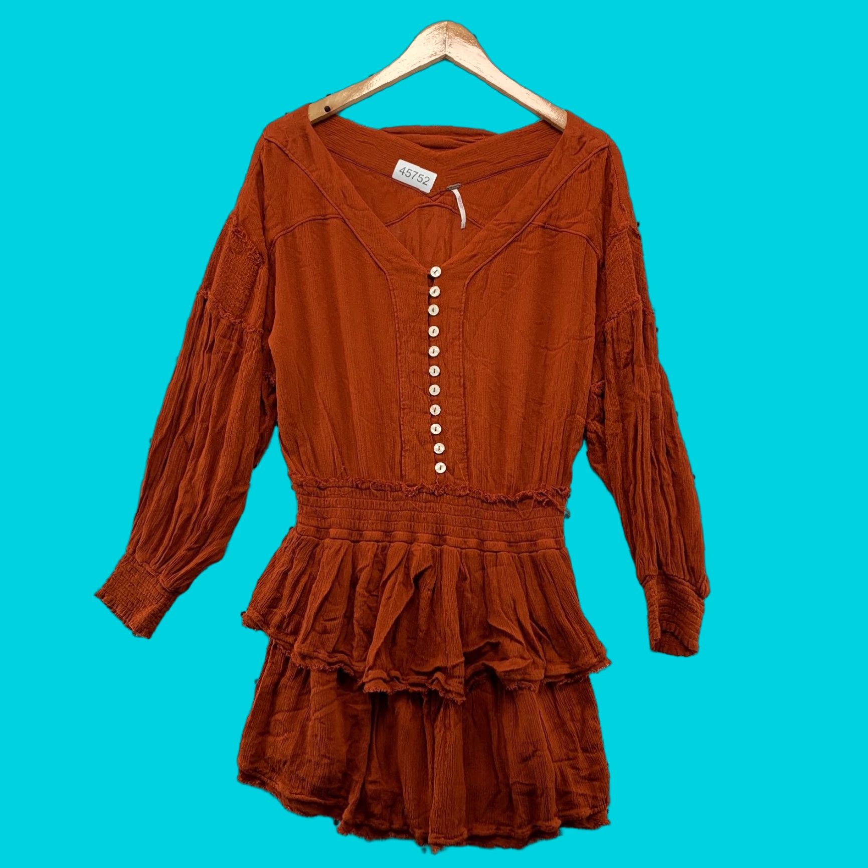 Free People Romy Mini Dress Womens Large Orange Ruffle Boho Smoked Vintage No