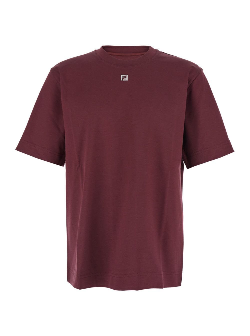 Fendi Bordeaux Crew Neck T-Shirt with FF Plate on the Front in Cotton Man Size US M / EU 48-50 / 2 - 1 Thumbnail