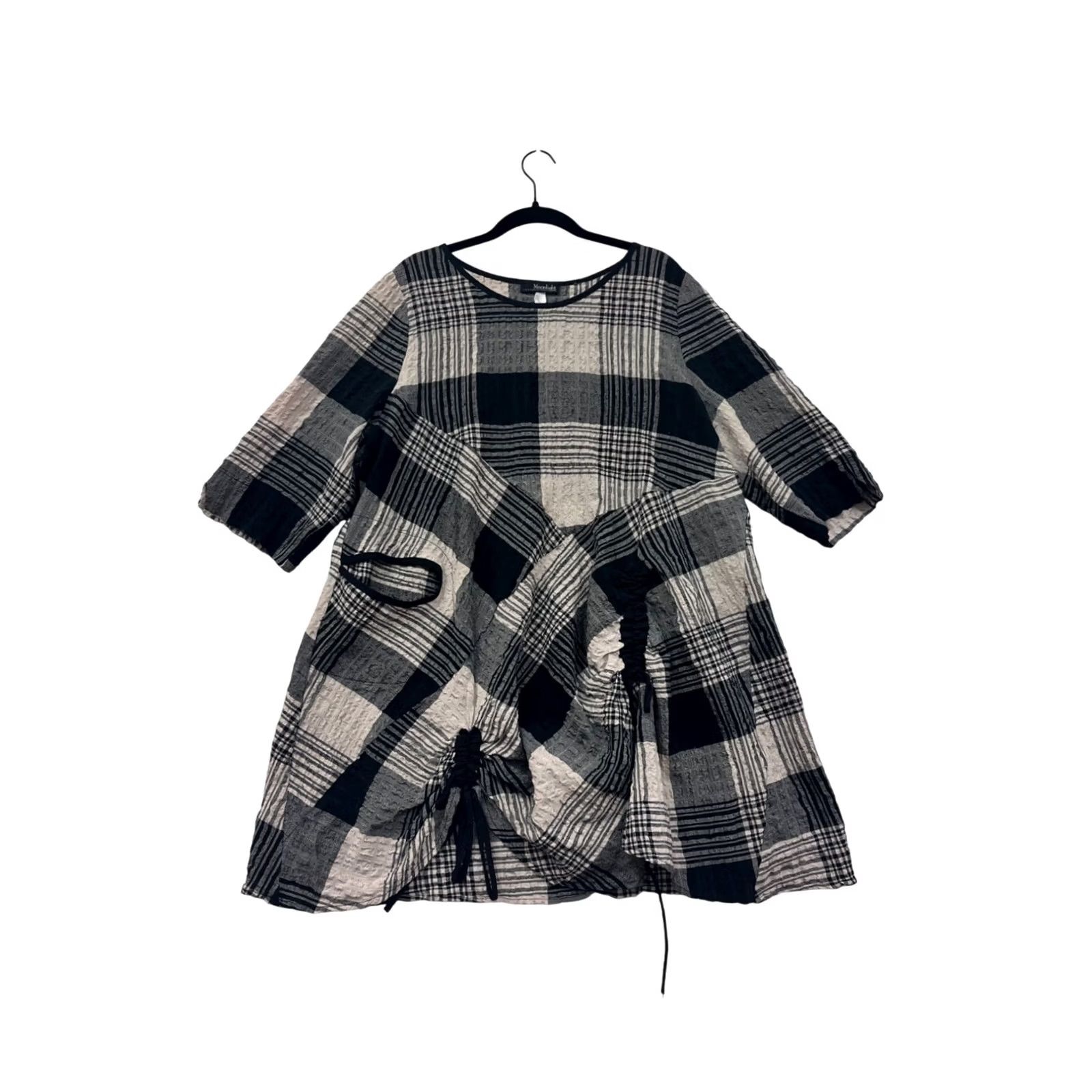 Vintage Moonlight Plaid Dress A-Line Midi 3/4 Sleeve Textured Black Gray L Women Size L / US 10 / IT 46 - 2 Thumbnail