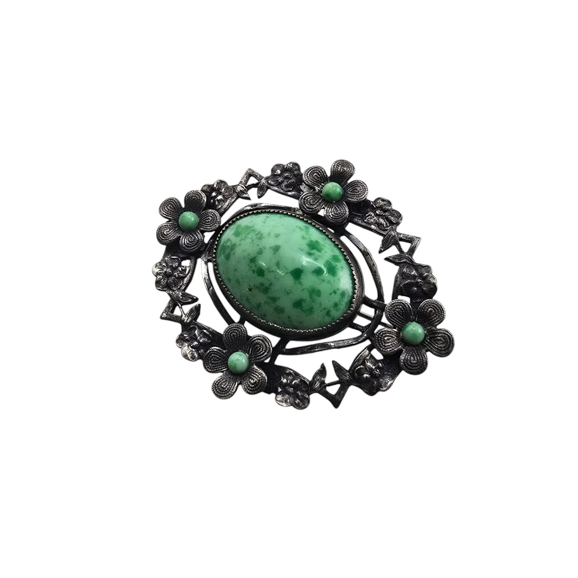 Vintage Gorgeous Mottled Green Stone Czech Brooch (A7054) Size ONE SIZE - 2 Thumbnail