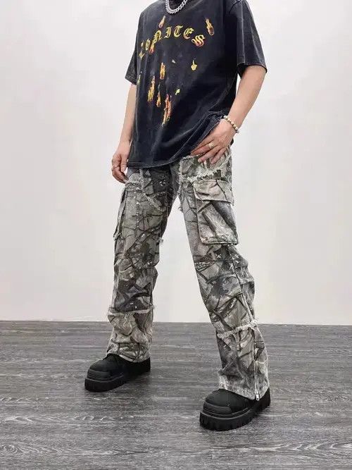 Jean Retro camouflage irregular raw edge work jeans Size US 32 / EU 48 - 1 Thumbnail