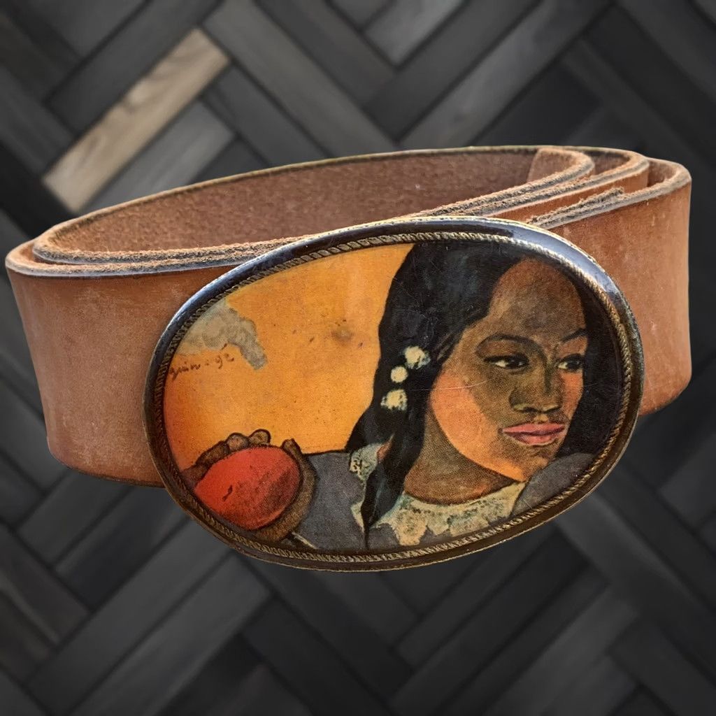 Vintage vtg 1970s brass belt buckle on leather belt portrait of woman western boho USA Belt Buckle Leather Size ONE SIZE - 1 Thumbnail