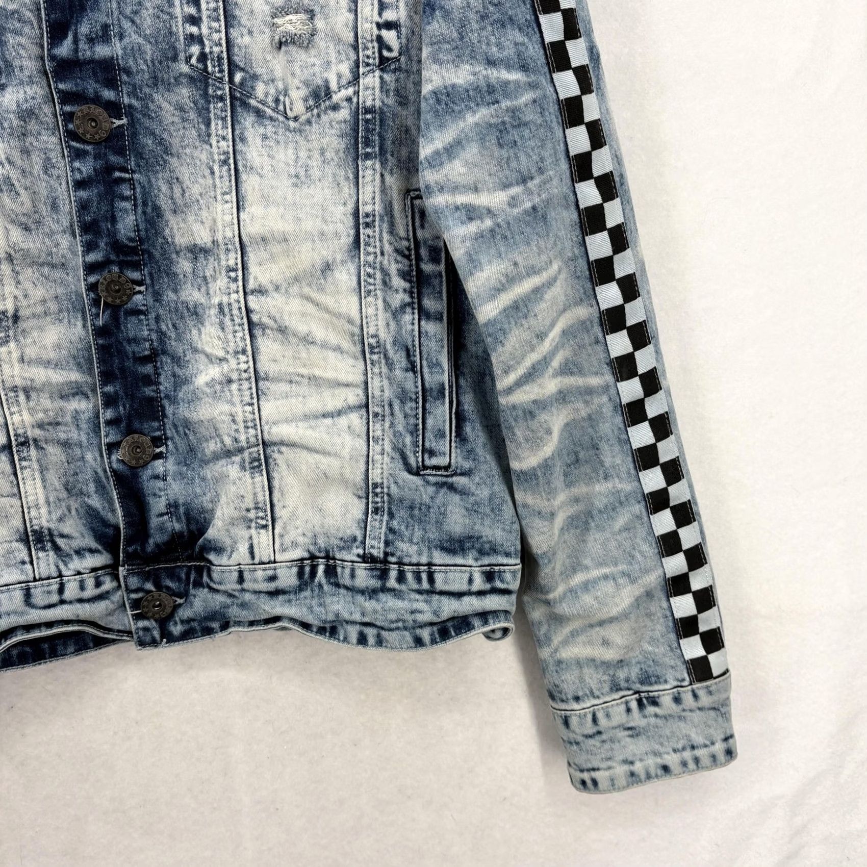 Denime KLOUD9 Denim Jacket Mens L Regular Blue Acid Wash Checkered Sleeve Streetwear Grunge Bomber Casual Fall Spring Jacket Mens Size US L / EU 52-54 / 3 - 3 Thumbnail
