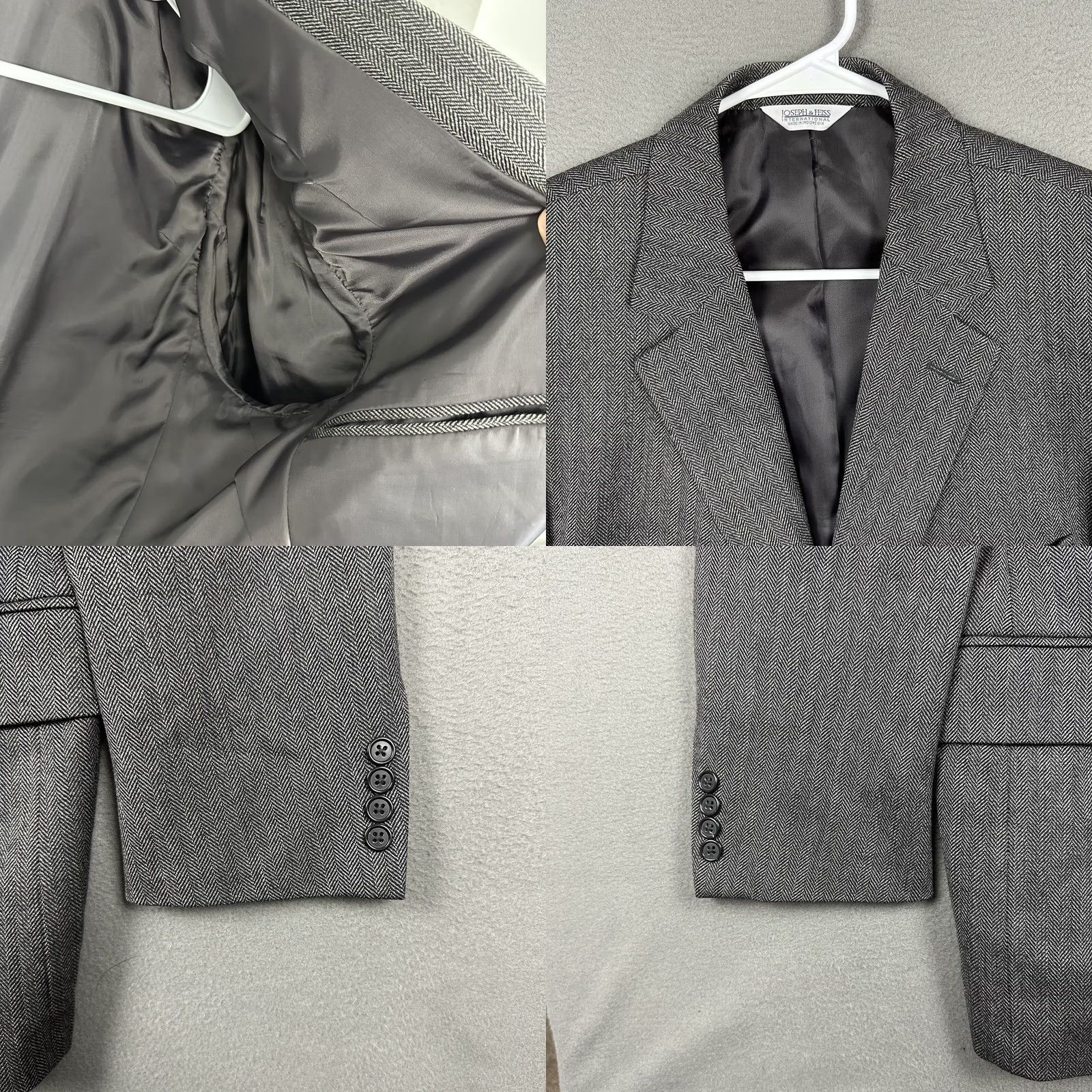 Joseph Joseph & Feiss Sport Coat Blazer Jacket Gray Wool Tweed Herringbone 44R Regular Mens Size 42R - 8 Thumbnail