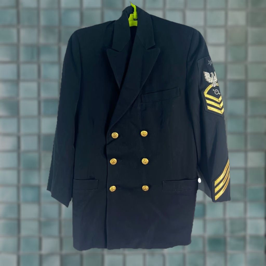Vintage US Navy Dress Jacket Blazer 37R Mens Black Gold Buttons Nautical Patriotic 6-Button Tuxedo Peak Lapel Wool Blazer Mens Size 36R - 1 Thumbnail