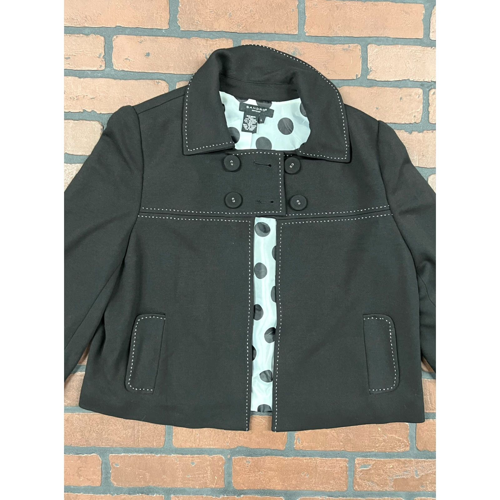 Sandro Sandro Blazer Women L Black / Polka Dot Button Collared 4-Button Solid Jacket Dressy Casual Workwear Designer Mens? Size L / US 10 / IT 46 - 2 Thumbnail
