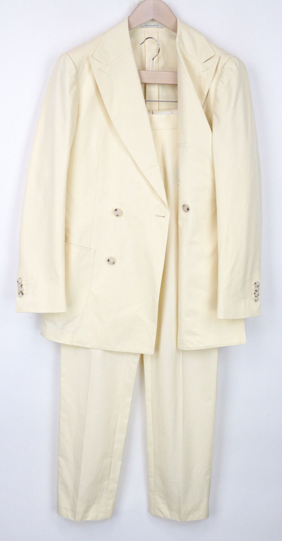 image of Suitsupply Havana Uk38R Double-Breasted Slim Cotton Beige Suit 68741, Men's