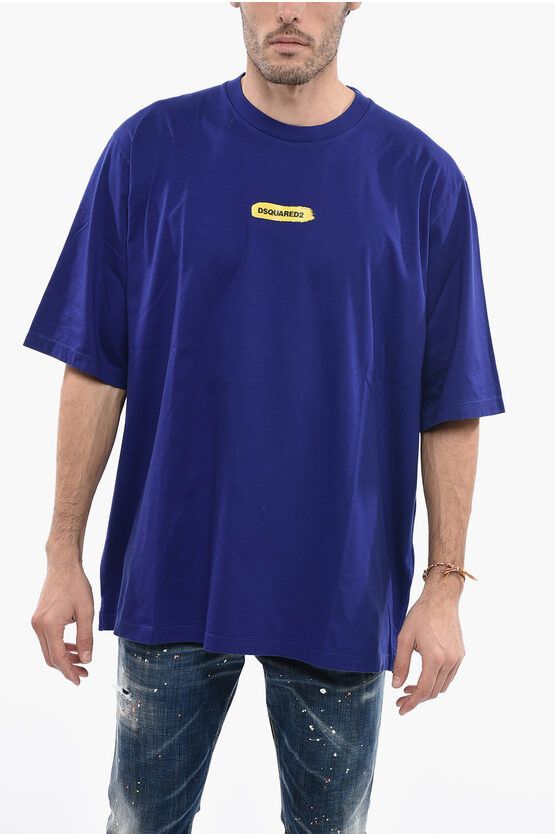 image of Dsquared2 Crew Neck Cotton T-Shirt With Paint Effect Logo in Violet, Men's (Size XL)