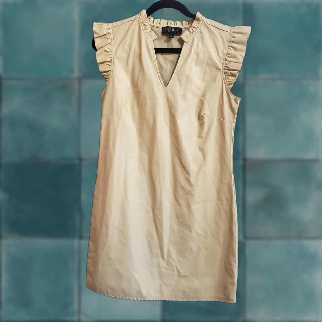 Vintage VINTAGE Anthem the Label Dress Women S Beige Vegan Leather Ruffle Cap Sleeve Sheath Size S / US 4 / IT 40 - 1 Thumbnail