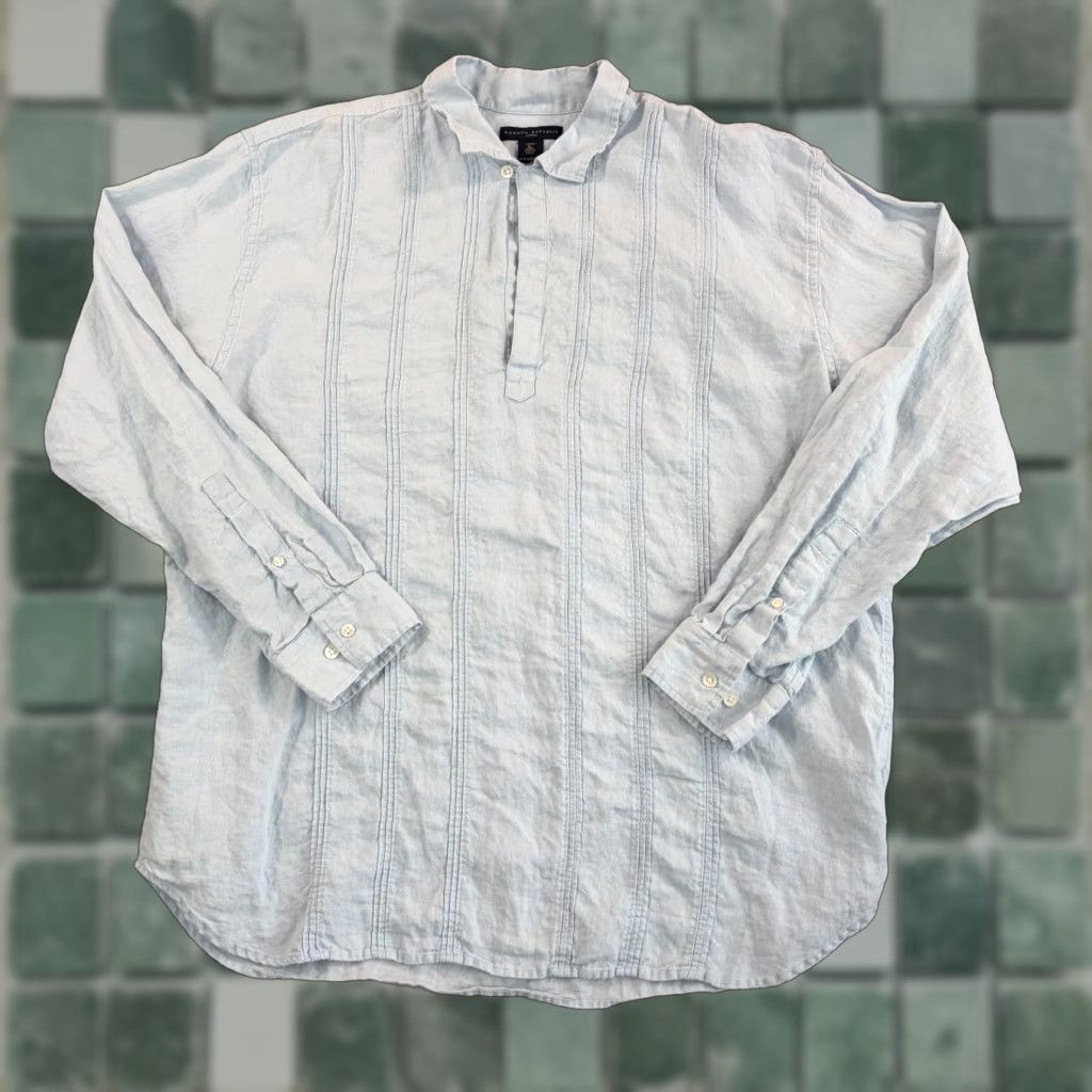 Banana Republic VINTAGE Banana Republic Shirt Men XL Blue Linen Loop Collar Pintuck Pullover Button-Up Size US XL / EU 56 / 4 - 1 Thumbnail