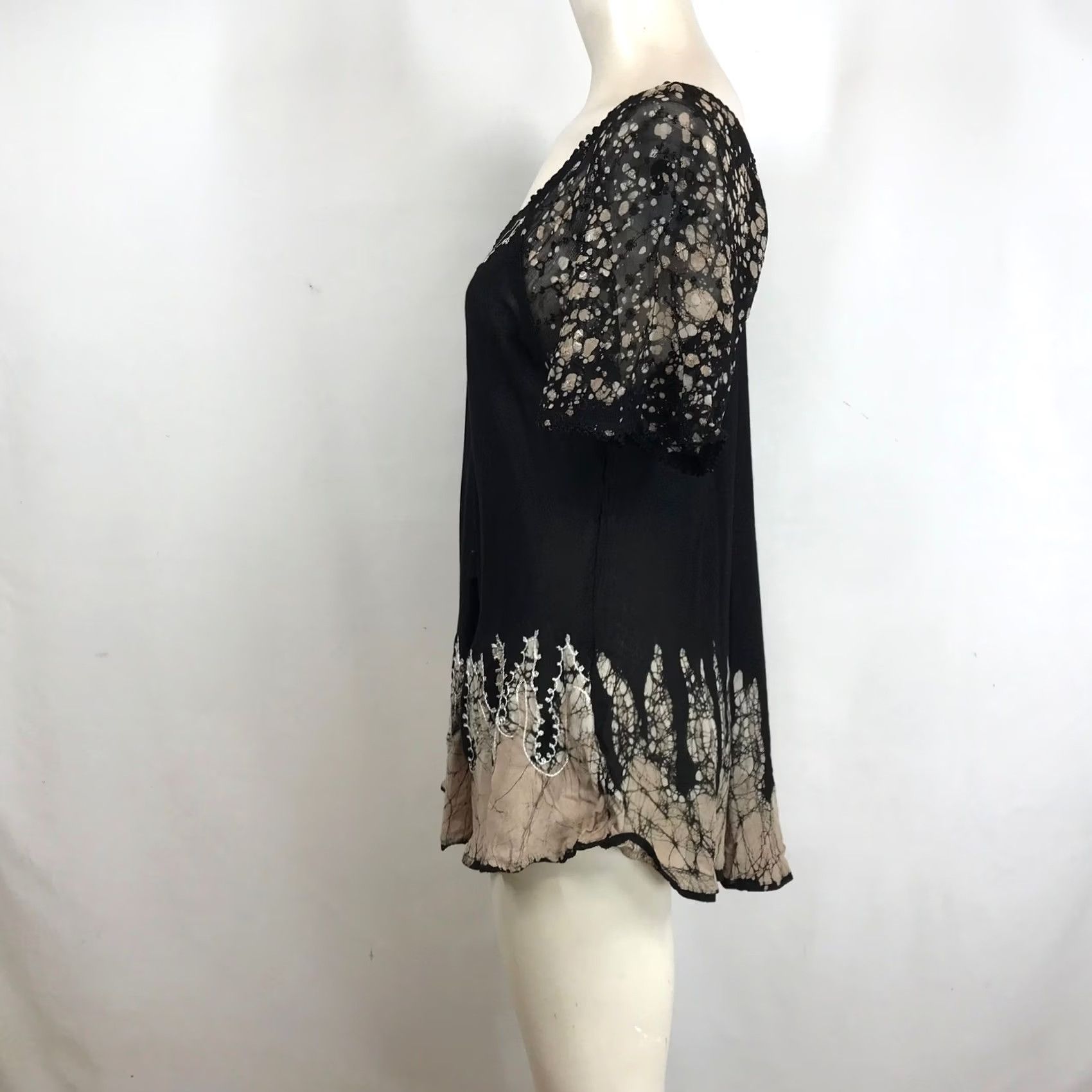 Vintage VINTAGE Sakkas Womens Black Lace Embroidered Batik Tunic Top Free Size Boho Lace-Up Shirt Womens XS? Size ONE SIZE - 6 Thumbnail
