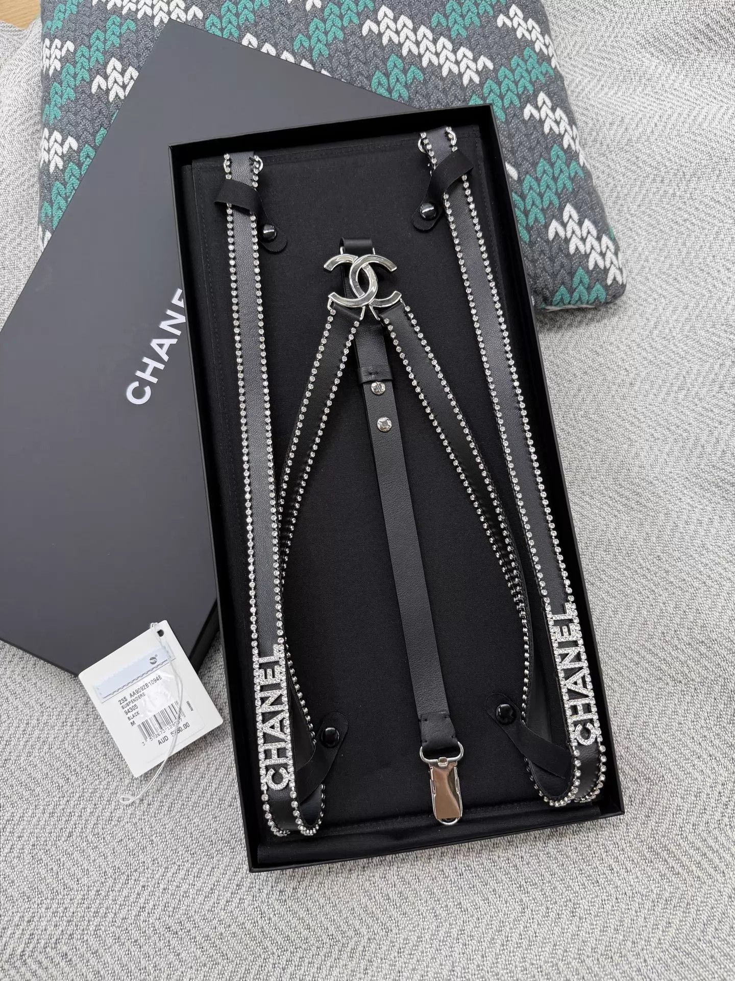 Chanel Chanel Black Rhinestone Logo Leather Suspenders NIB Size ONE SIZE - 1 Thumbnail