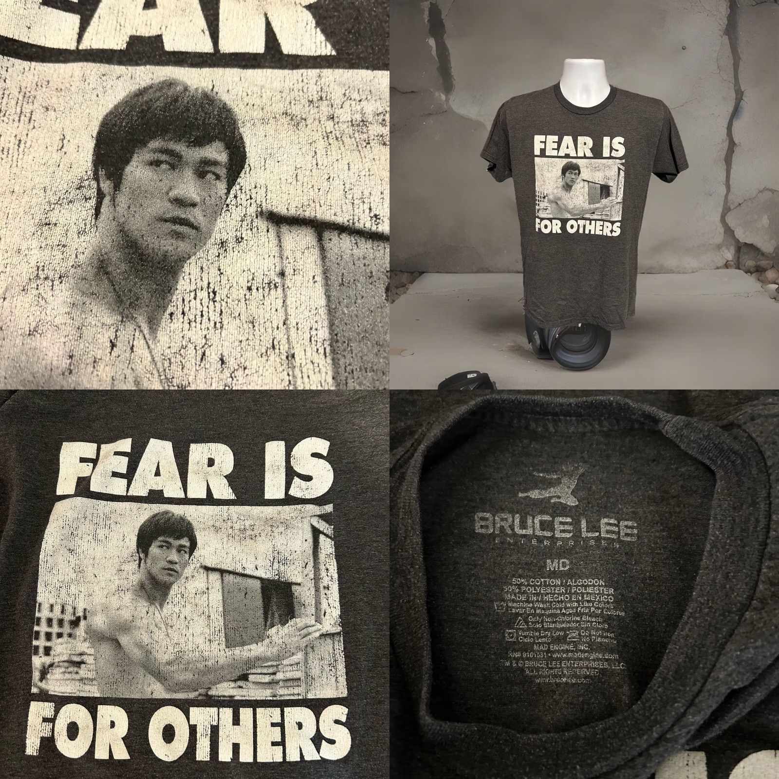 Lee Bruce Lee Fear Is For Others Shirt Mens Medium Dark Heather Gray Short Sleeve Size US M / EU 48-50 / 2 - 8 Thumbnail