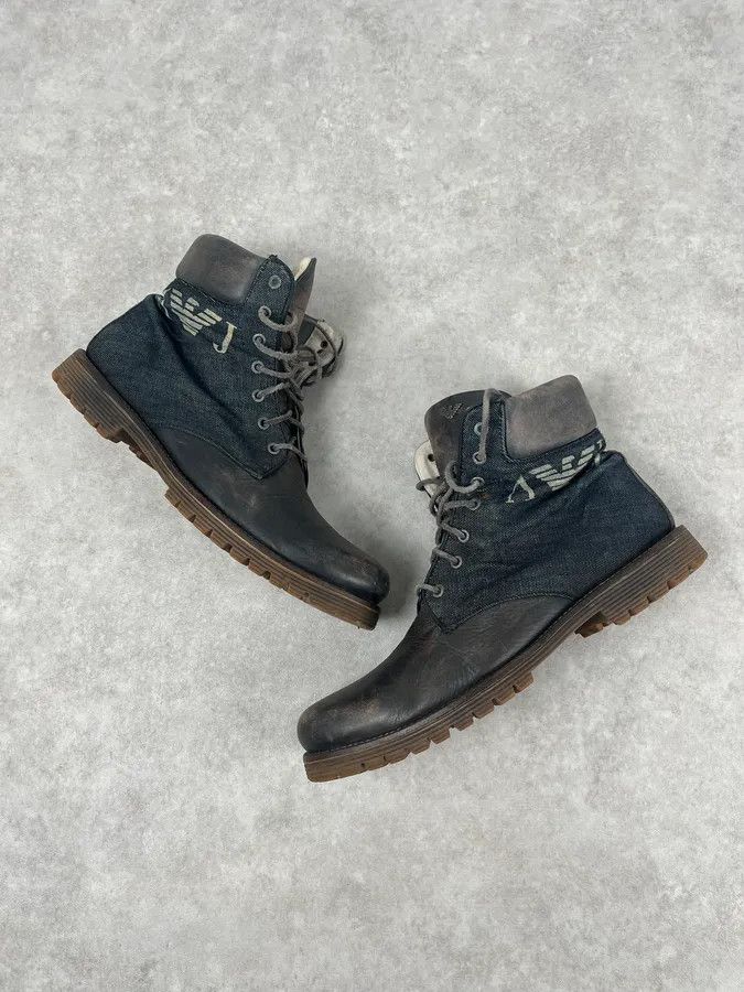 Armani 2000s Armani Brown Eroded Leather & Denim Boots Size US 11 / EU 44 - 5 Thumbnail