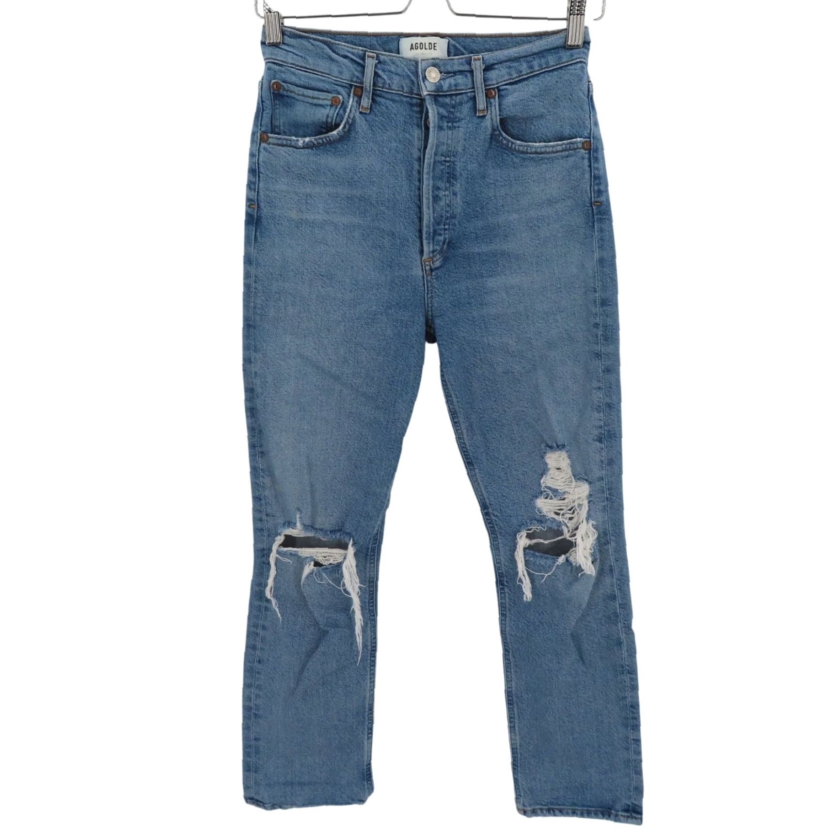 Agolde AGOLDE Womens 25 Riley Button Fly Distressed Medium Blue Denim Jeans Cotton Size 42" / US 20 - 2 Thumbnail