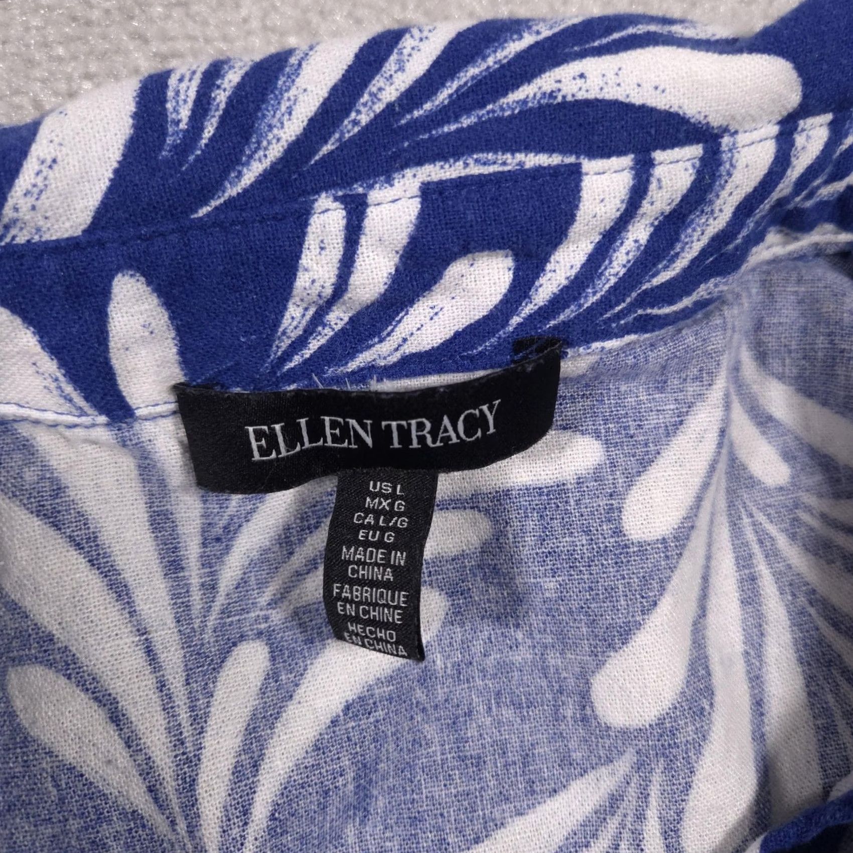 Ellen Tracy Ellen Tracy Blouse Womens Large Blue White Leaf Print Tie Front Linen Top Size L / US 10 / IT 46 - 6 Thumbnail