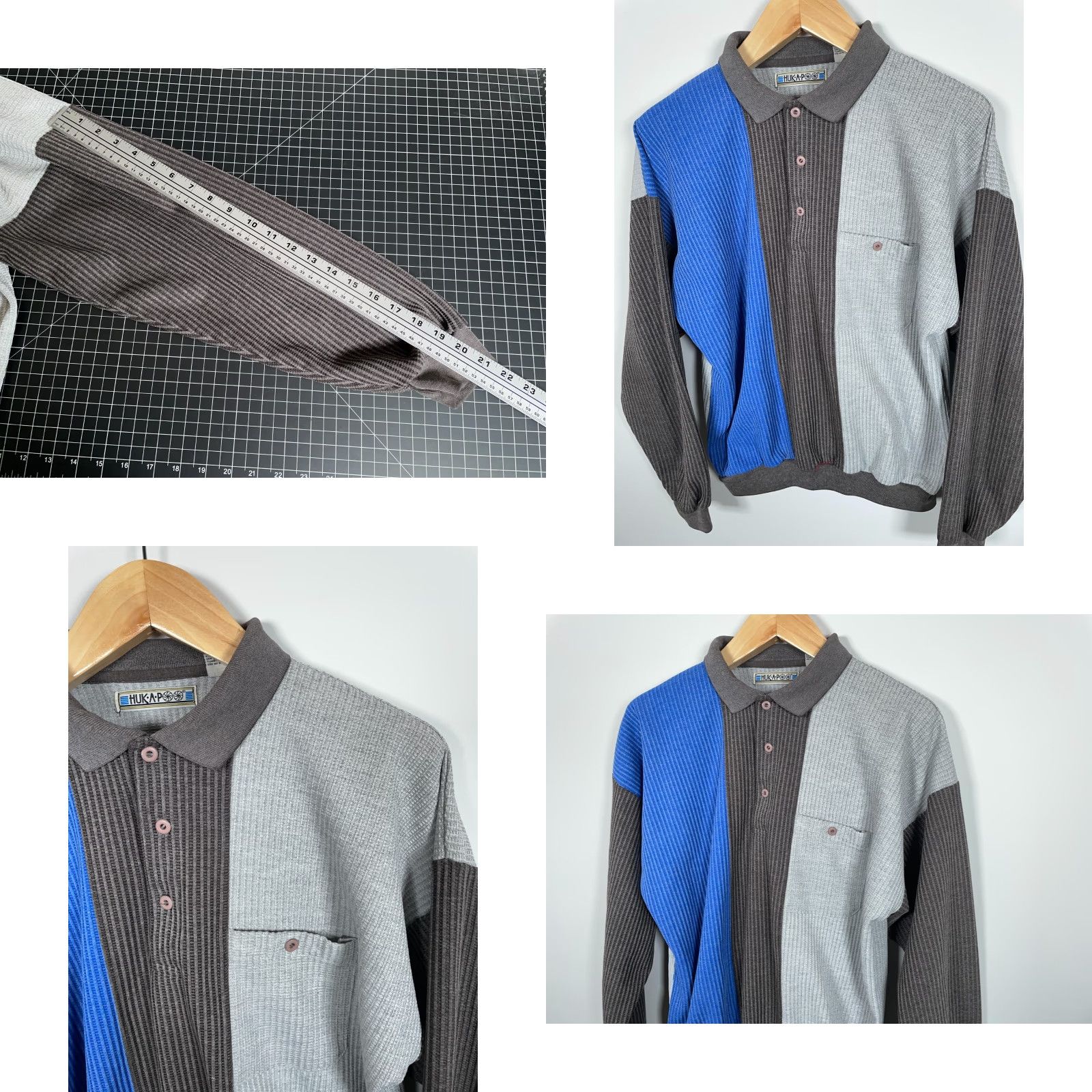 Vintage 80s Waffle Knit Long Sleeve Polo Shirt Adult Large Gray Blue Striped Huk-a-poo Size US L / EU 52-54 / 3 - 8 Thumbnail