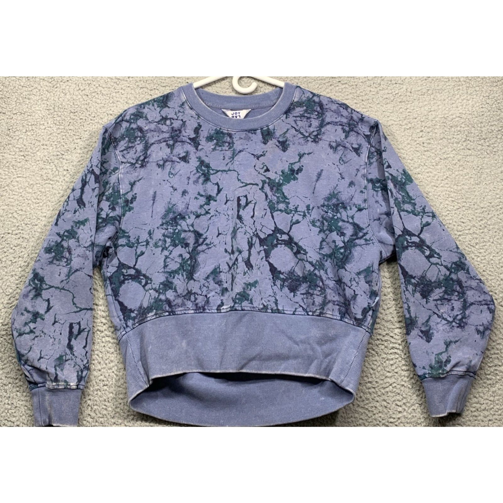 Vintage Joy Lab Women’s Sweatshirt Marble Blue Cropped Size Small Pullover Crew Neck Activewear NWT Size S / US 4 / IT 40 - 2 Thumbnail