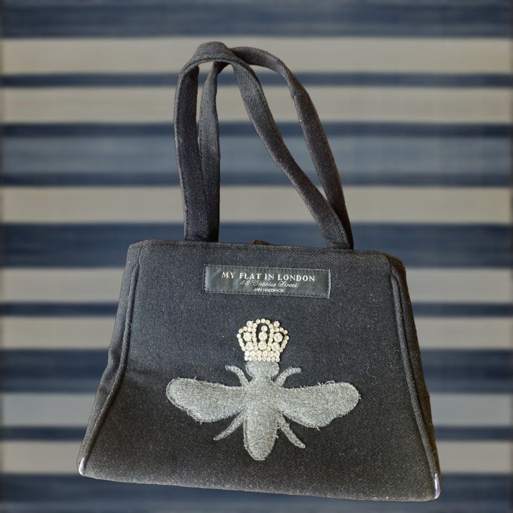 FELT VINTAGE My Flat in London Queen Bee Black Wool Felt Handbag Shoulder Bag Womens Queens Bee Crown Rhinestones Black Canvas Felt 9.5" x 13" Medium Size ONE SIZE - 1 Thumbnail