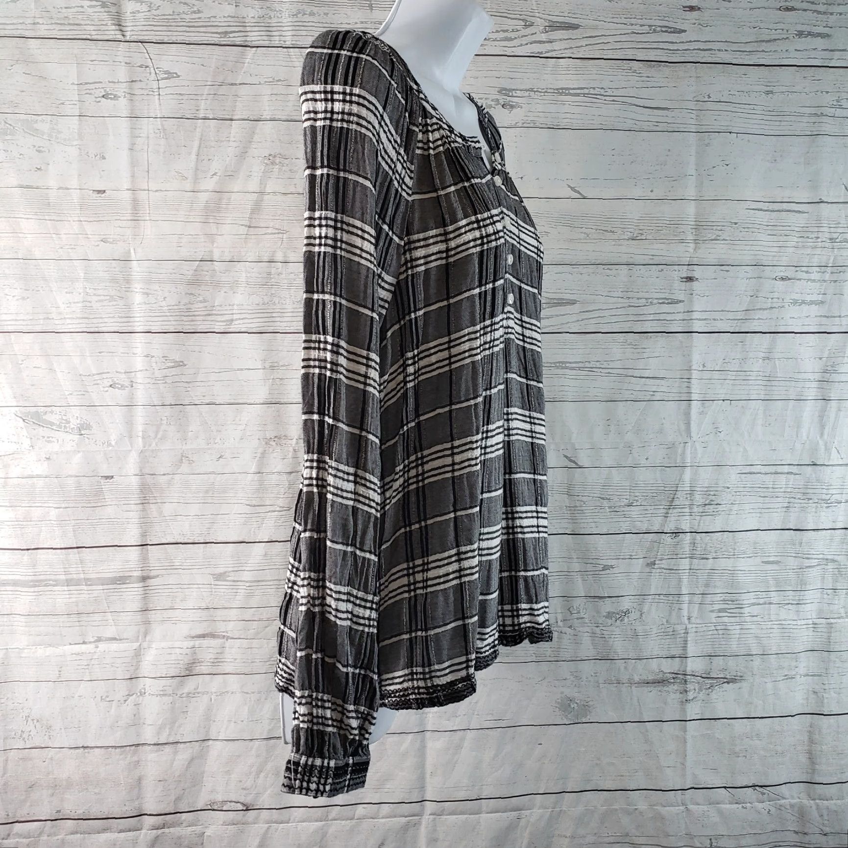 Lucky Brand Lucky Brand Womens Top Blouse Long Sleeve Plaid Black White Size M Viscose Size M / US 6-8 / IT 42-44 - 3 Thumbnail