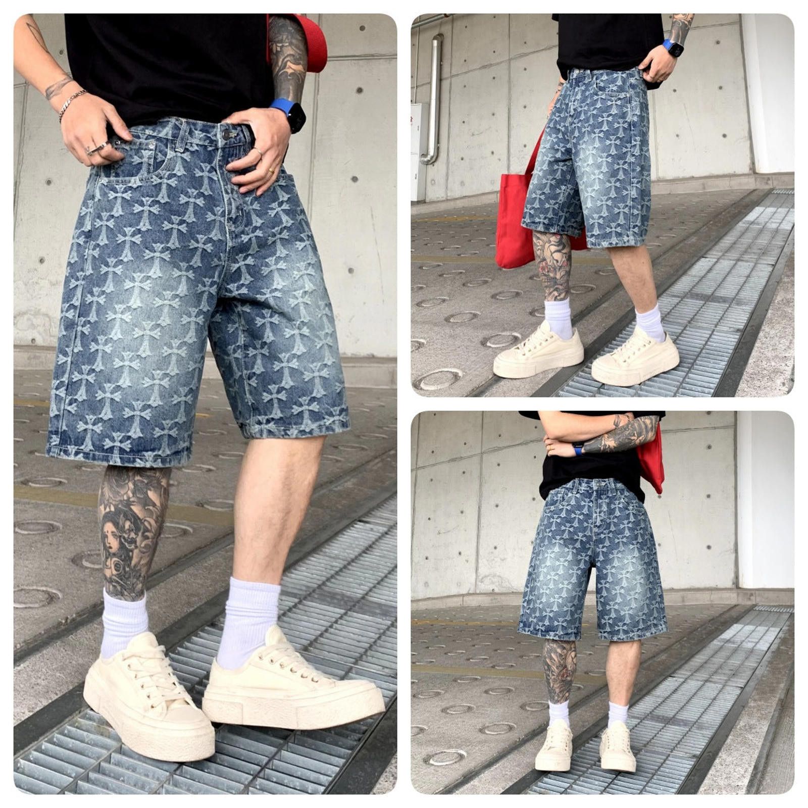 Blue Cross Patterned Denim Shorts, Relaxed Fit Men's Shorts