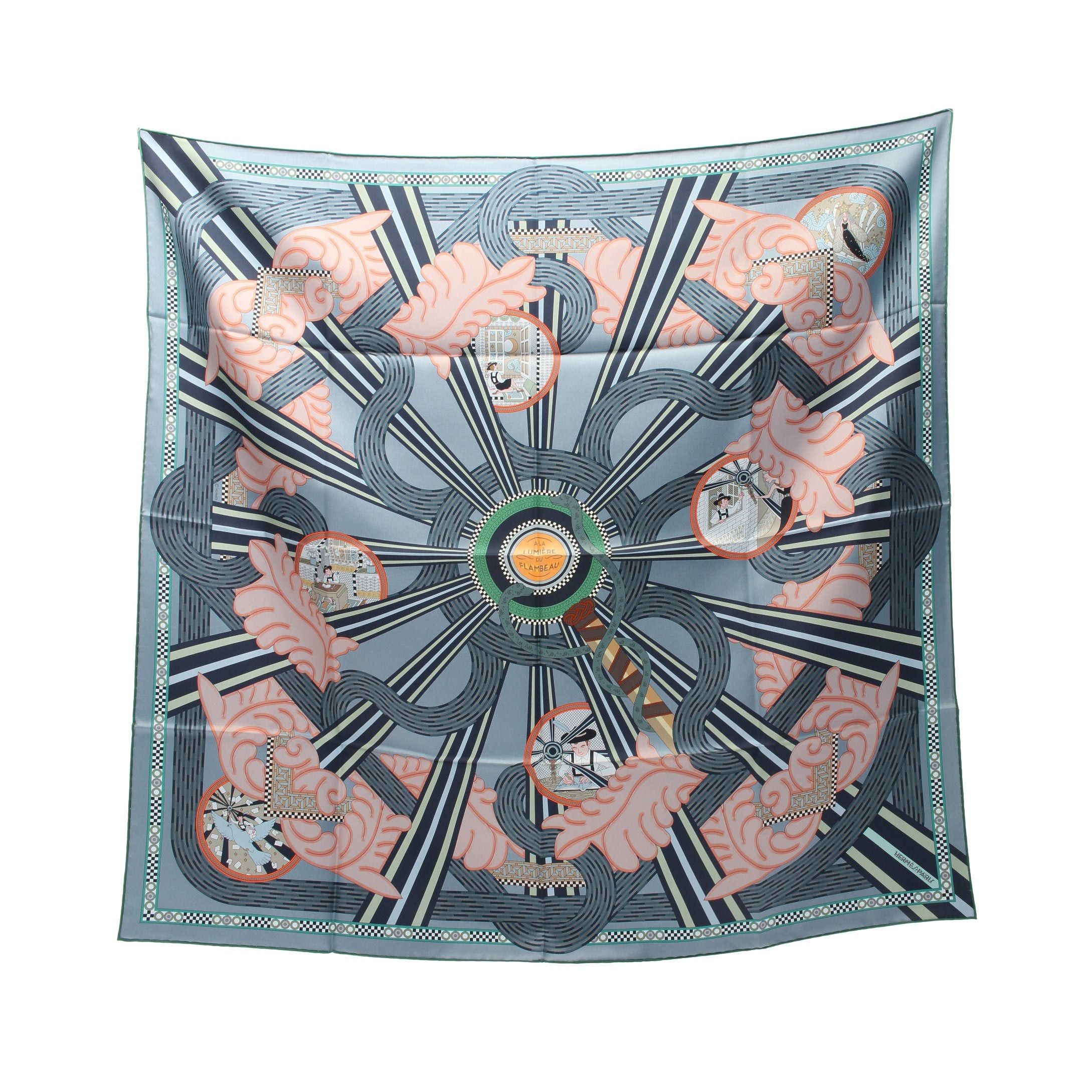 Hermes Hermes Carres 90 A La Lumiere Du Flambeau Scarf Silk Blue Gray Multicolor Reversible Size ONE SIZE - 1 Thumbnail