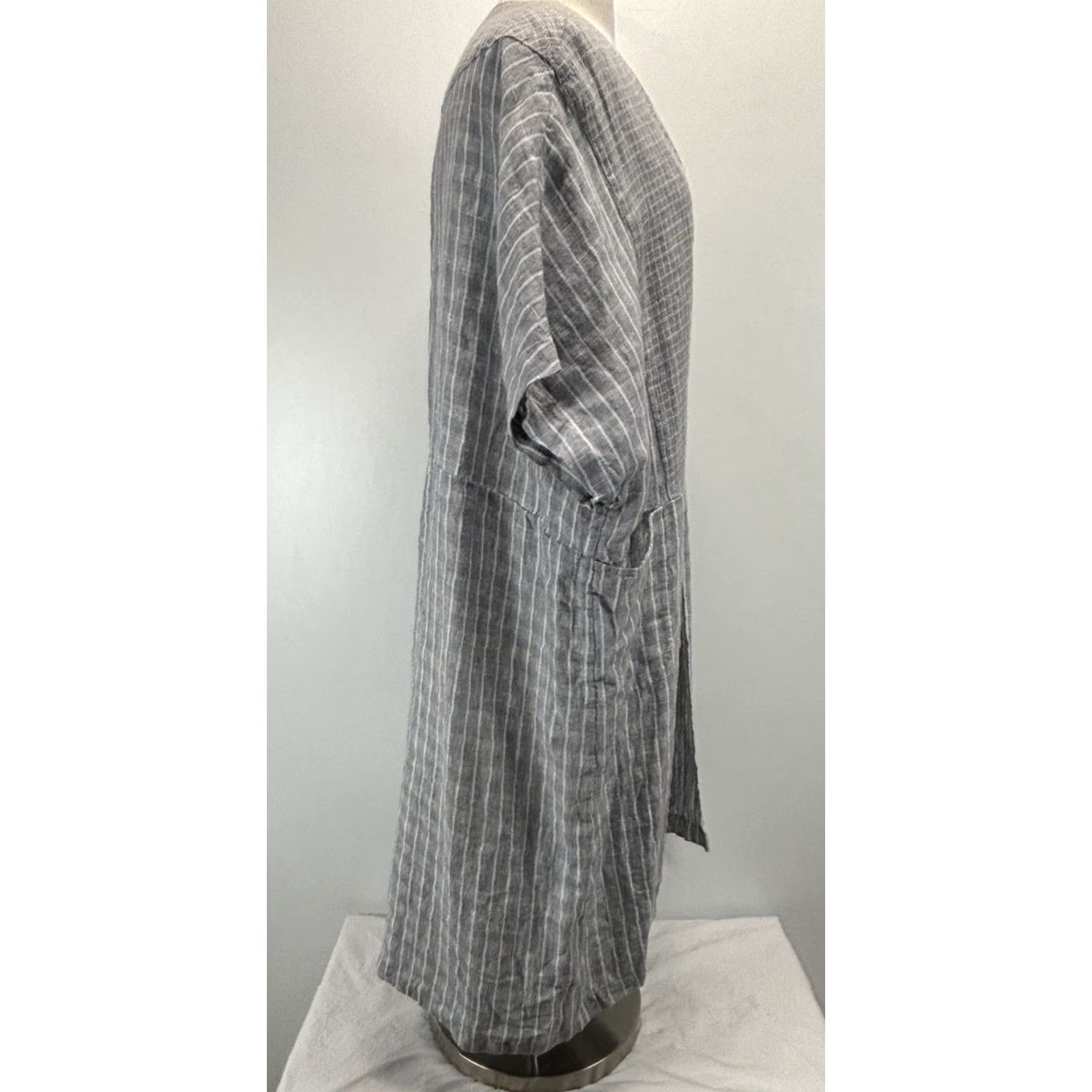 Vintage POETRY 100% Linen Kimono Jacket Women’s Large Regular 16/18 Grey White Check Lagenlook Minimal Pockets Lightweight Breathable Size XXL / US 16-18 / IT 52-54 - 4 Thumbnail