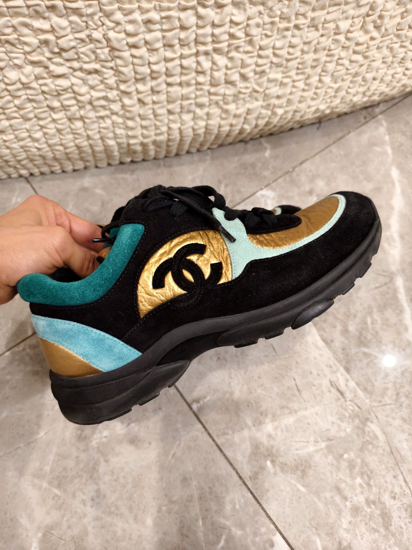 Chanel Chanel CC Logo Black Gold Sneakers Size 36.5 (Fits 37) Auth Size US 6.5 / IT 36.5 - 1 Thumbnail