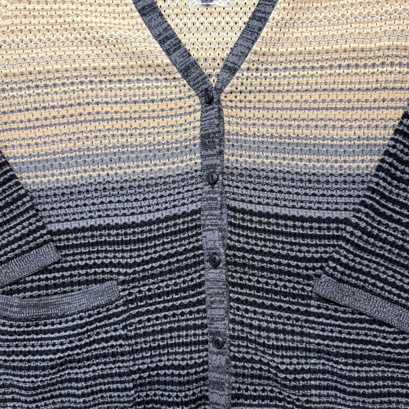 Vintage Isaac Mizrahi Live! Cardigan Womens XL Gray Striped Open-Knit Pockets Size XL / US 12-14 / IT 48-50 - 2 Thumbnail