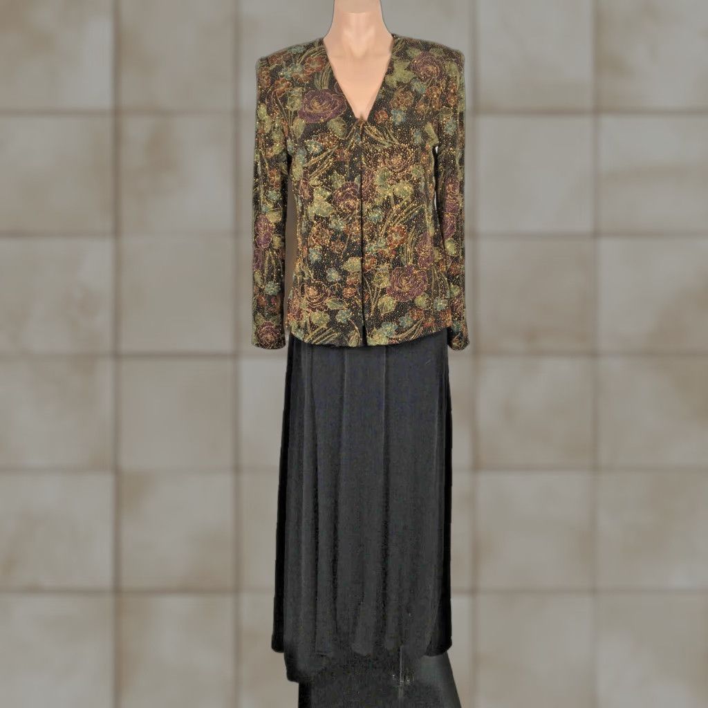 VINTAGE Alex Evenings Maxi Dress Jacket 8 Black Gold Stretch Slinky 2 Pc Womens