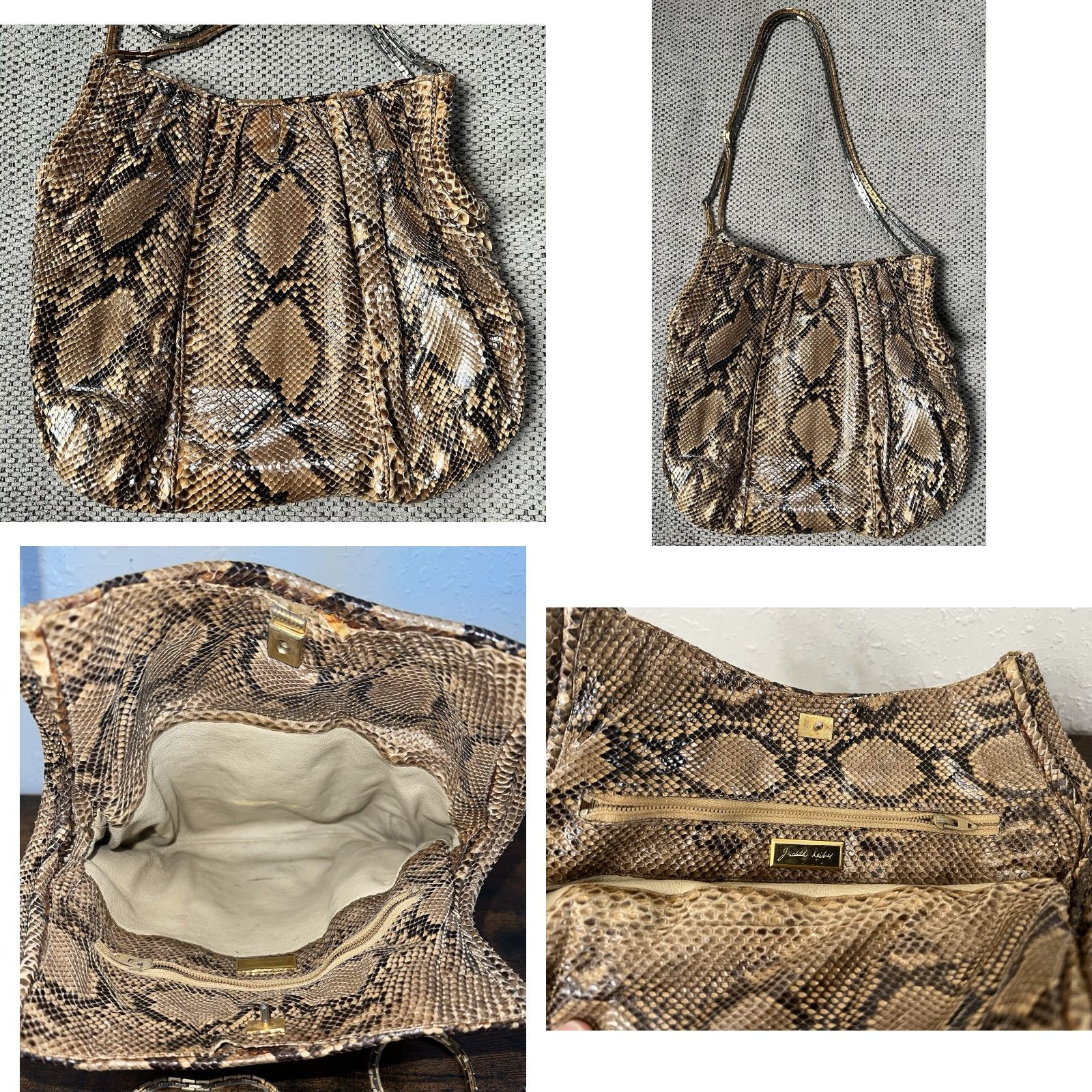 Judith Leiber VINTAGE Judith Leiber Snake Skin Shoulder Bag Gold Silver Chain Strap Women's Medium Tan Brown Gold Snake 70s 80s Evening Day Size ONE SIZE - 8 Thumbnail