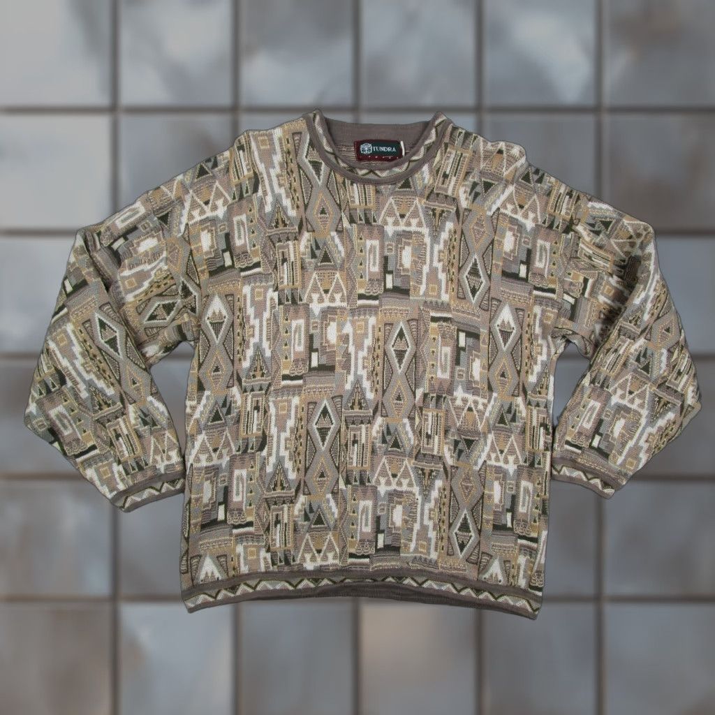 Vintage VINTAGE Tundra Sweater Women XL Brown Tan 3D Geometric Knit Crewneck Heavyweight Pullover 90s Retro Womens Size XL / US 12-14 / IT 48-50 - 1 Thumbnail