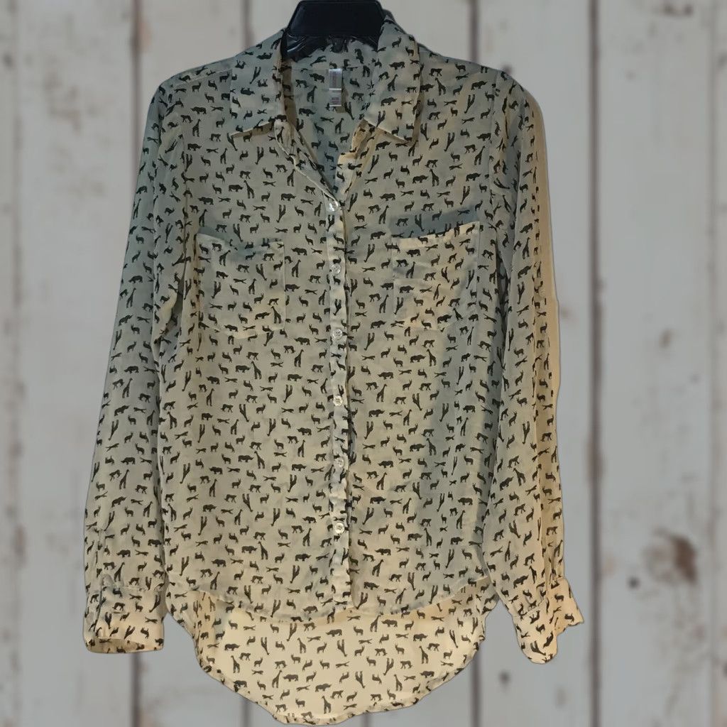 Vintage Xhilaration Black Animal Print Long Sleeve Button-Up Shirt Womens Size M Sheer Size M / US 6-8 / IT 42-44 - 1 Thumbnail