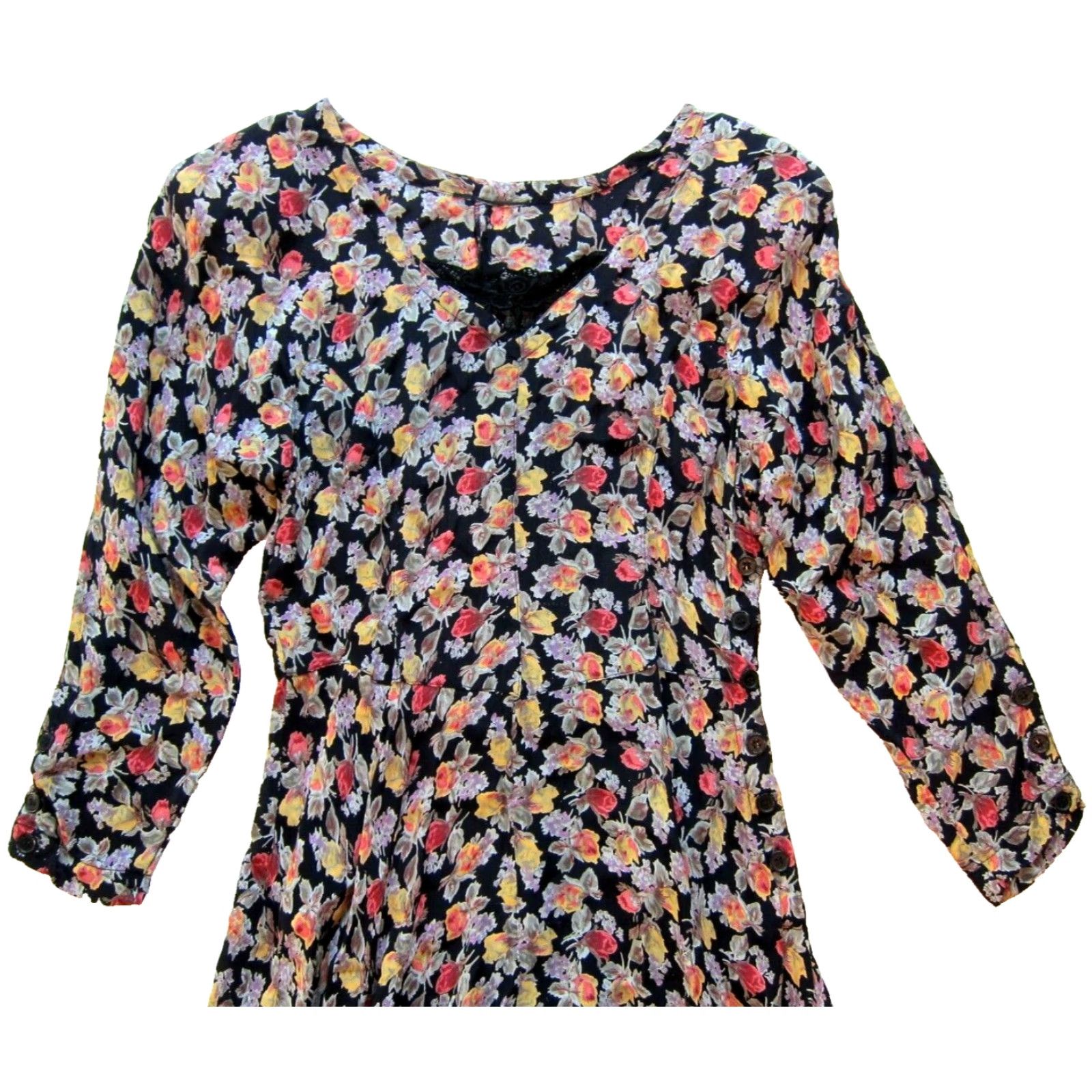 Vintage VTG 90's Rayon Pink Black Yellow Rose Floral 3/4 Sleeve Midi Prairie Dress S-M Dress Size S / US 4 / IT 40 - 3 Thumbnail