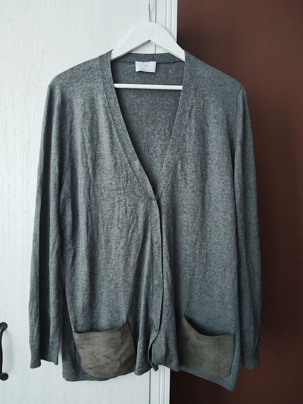 Other × Vintage Marina Rinaldi grey cardigan wool silk cashmere suede Size L / US 10 / IT 46 - 1 Thumbnail