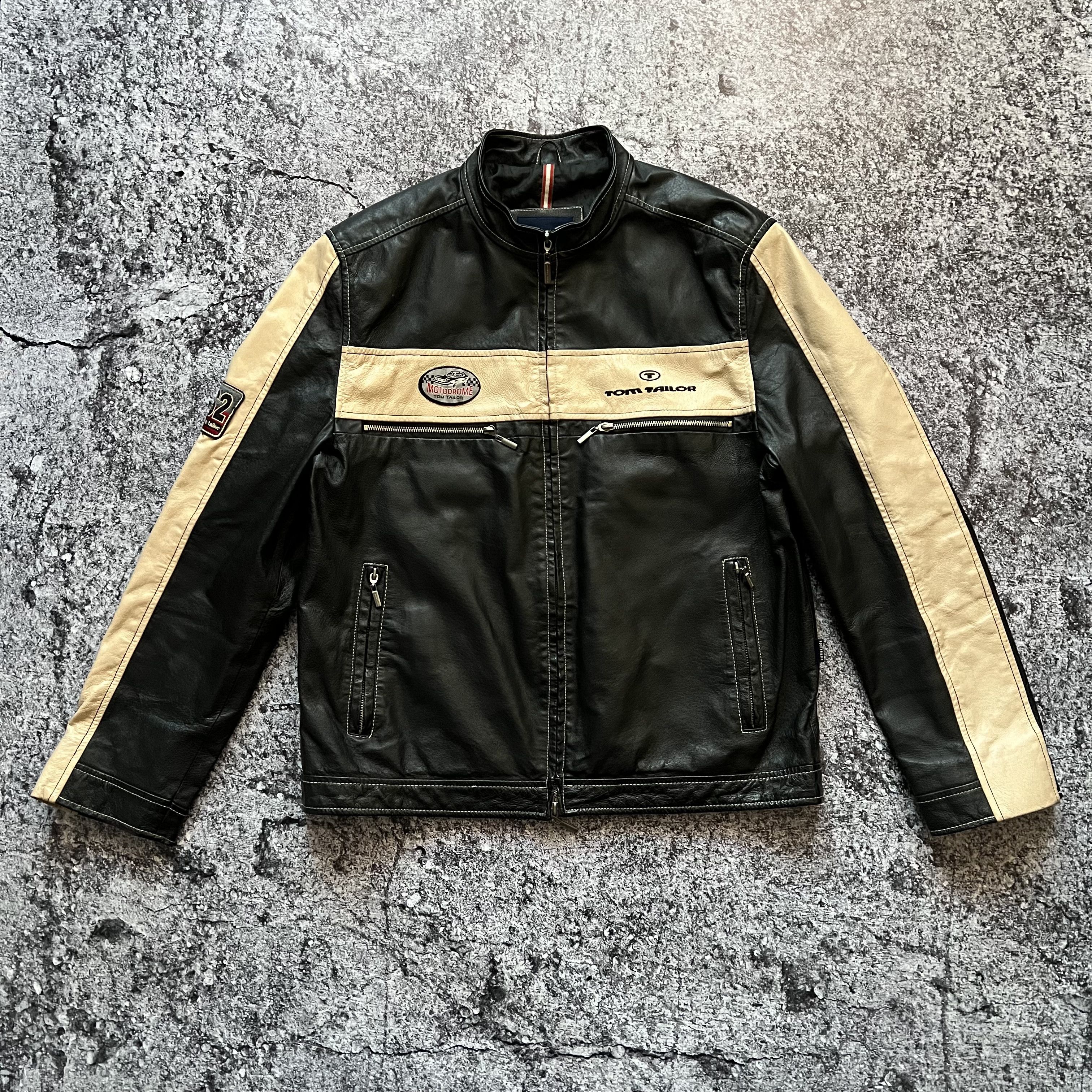 image of Vintage Tom Tailor Motodrome Leather Jacket Big Logo Size 50 in Black/Beige, Men's