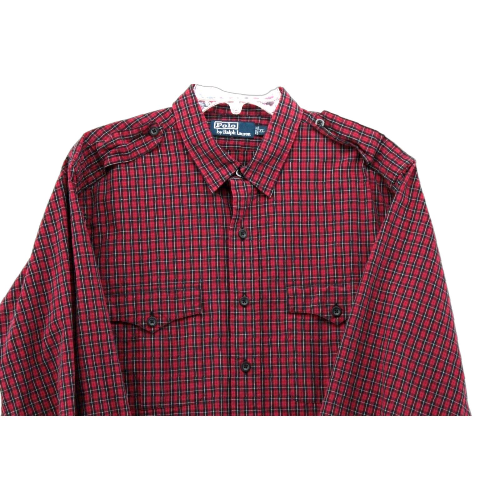 Polo Ralph Lauren VINTAGE Polo Ralph Lauren Shirt Men XL Red Plaid Long Sleeve Epaulets Military Button-Up Front Collar Size US XL / EU 56 / 4 - 1 Thumbnail