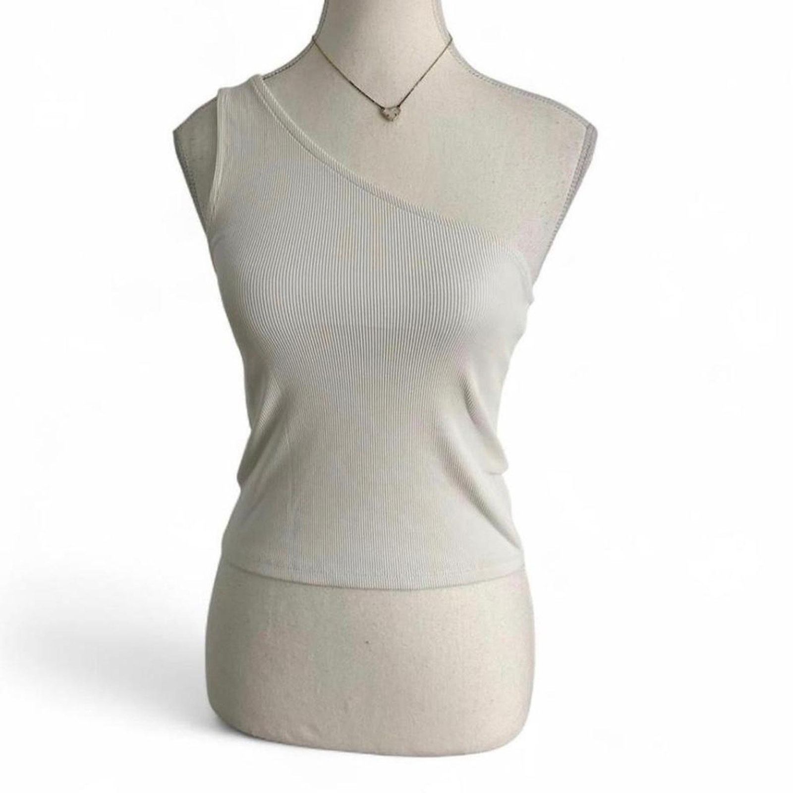 Stradivarius White One Shoulder Ribbed Fitted Top Size M Casual Basic Top Size M / US 6-8 / IT 42-44 - 1 Thumbnail