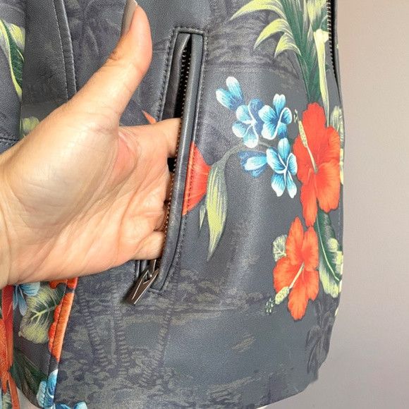 VEDA Veda Gray Tropical Print Leather Biker Jacket - Small Size S / US 4 / IT 40 - 6 Thumbnail